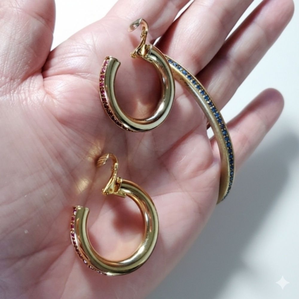 Bracelet & Earrings Set NEW Gold Plated Vintage Rainbow Glass Rhinestone Clip-On - Picture 9 of 11